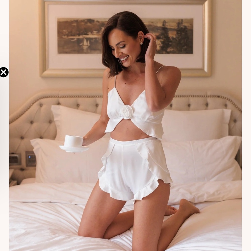 White Lace Pajama Set with Ruffled Shorts bridal